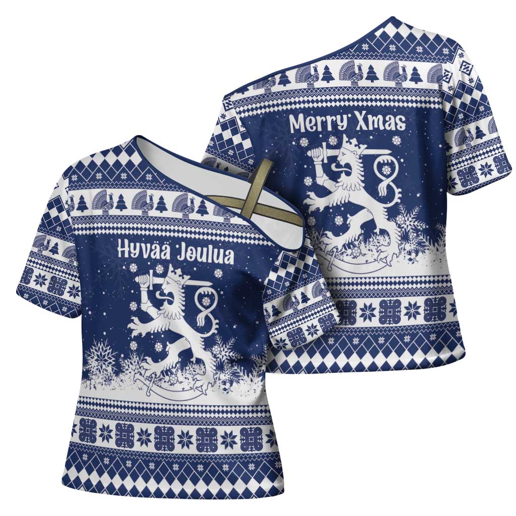 Finland Christmas Hannunvaakuna Cross Shoulder Shirt Hyvaa Joulua Nordic Snow Lion Blue Version - Wonder Print Shop