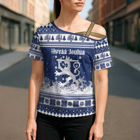 Finland Christmas Hannunvaakuna Cross Shoulder Shirt Hyvaa Joulua Nordic Snow Lion Blue Version - Wonder Print Shop