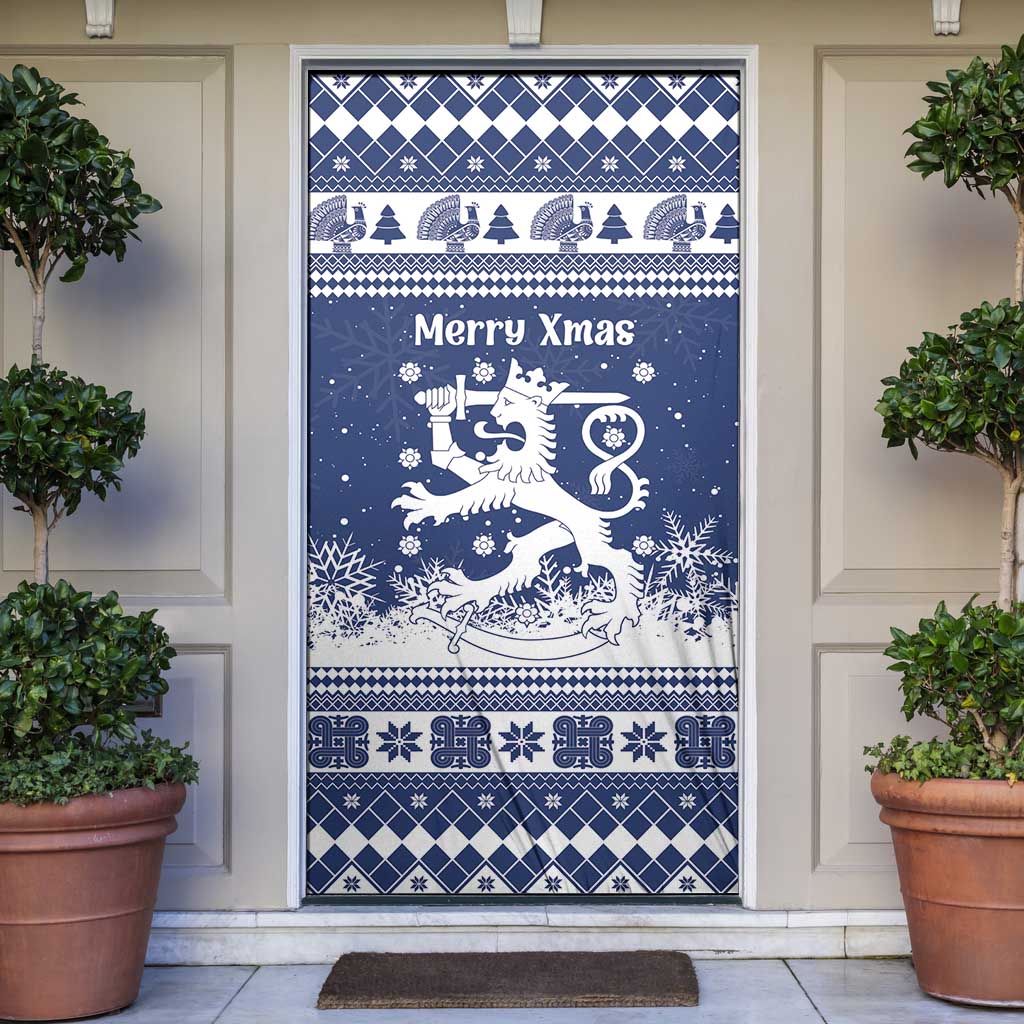 Finland Christmas Hannunvaakuna Door Cover Hyvaa Joulua Nordic Snow Lion Blue Version - Wonder Print Shop