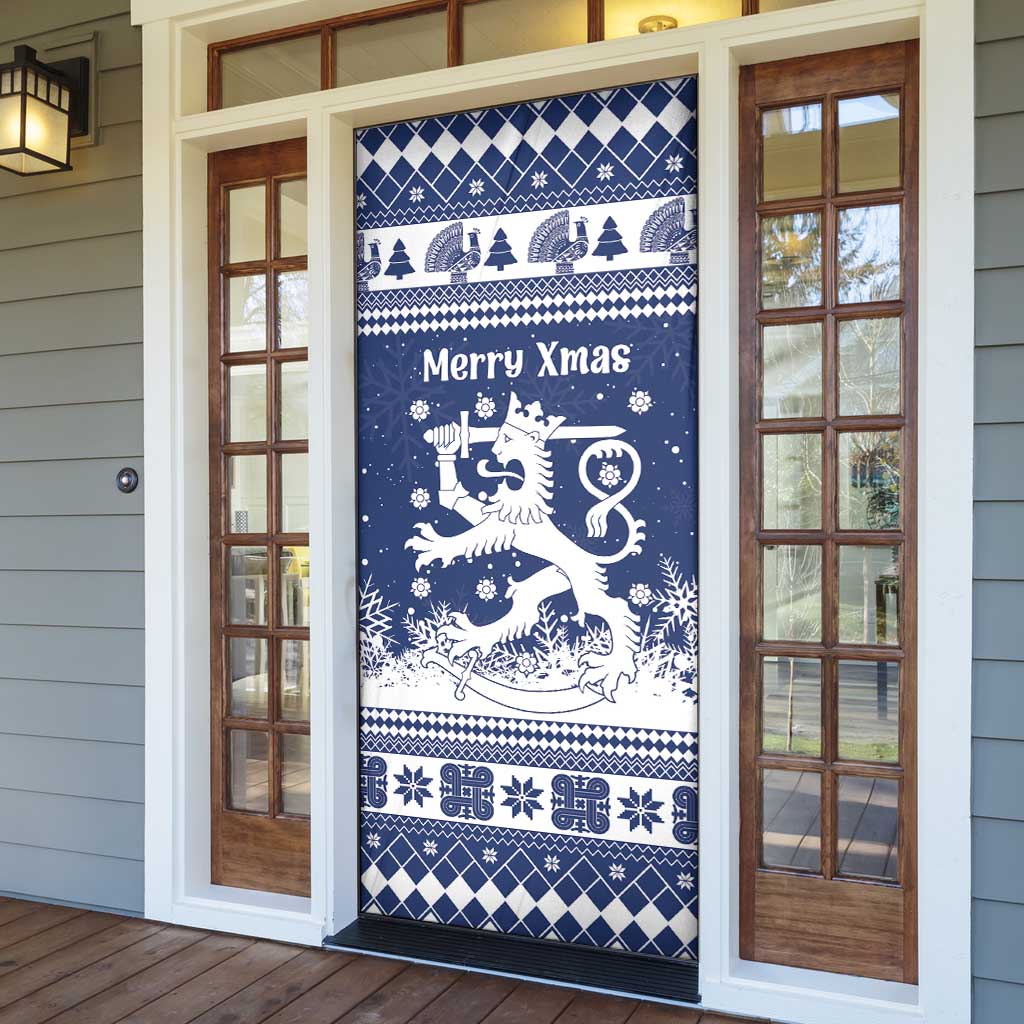 Finland Christmas Hannunvaakuna Door Cover Hyvaa Joulua Nordic Snow Lion Blue Version - Wonder Print Shop