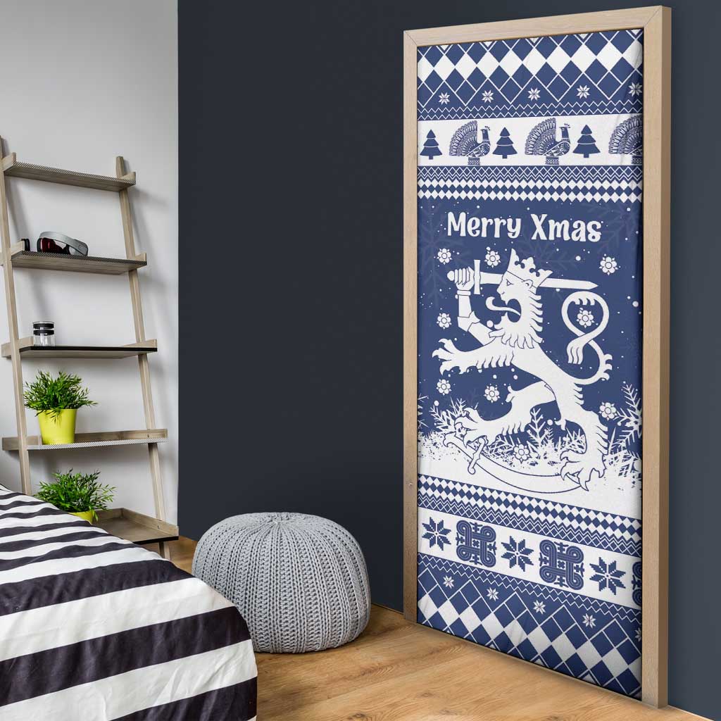 Finland Christmas Hannunvaakuna Door Cover Hyvaa Joulua Nordic Snow Lion Blue Version - Wonder Print Shop