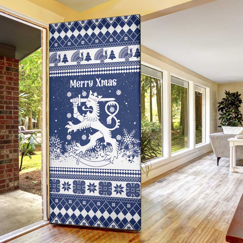 Finland Christmas Hannunvaakuna Door Cover Hyvaa Joulua Nordic Snow Lion Blue Version - Wonder Print Shop