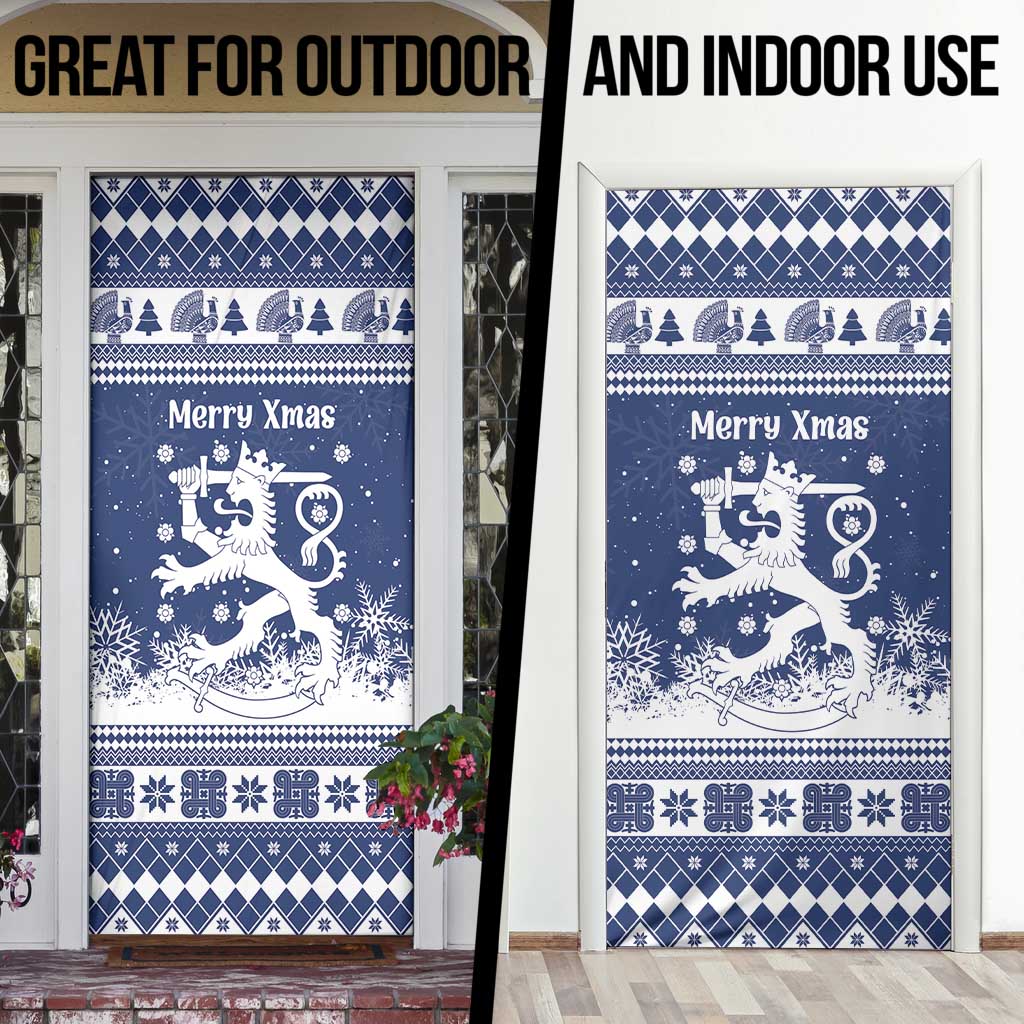 Finland Christmas Hannunvaakuna Door Cover Hyvaa Joulua Nordic Snow Lion Blue Version - Wonder Print Shop
