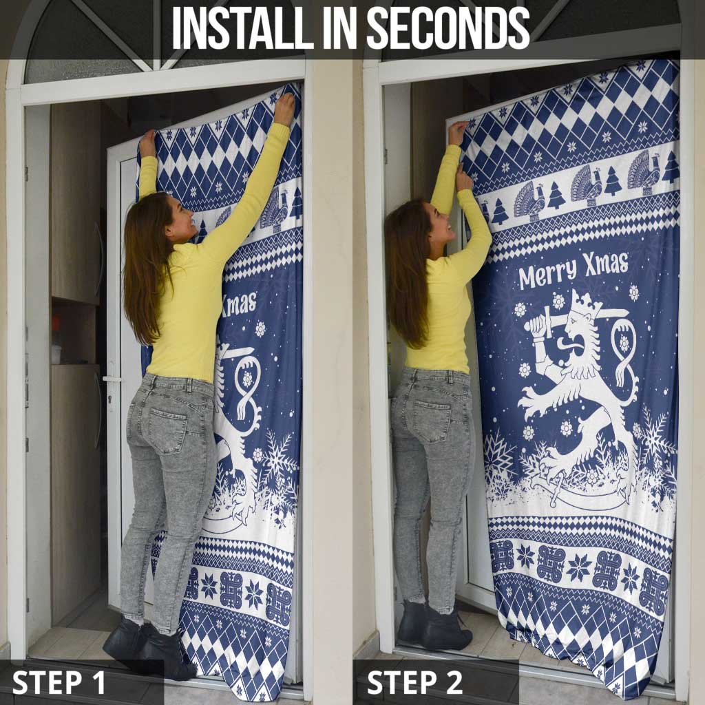 Finland Christmas Hannunvaakuna Door Cover Hyvaa Joulua Nordic Snow Lion Blue Version - Wonder Print Shop