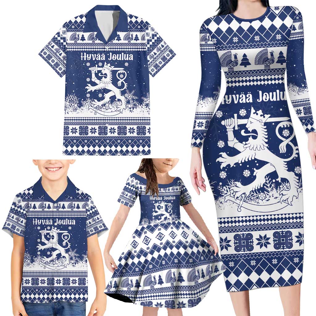 Finland Christmas Hannunvaakuna Family Matching Long Sleeve Bodycon Dress and Hawaiian Shirt Hyvaa Joulua Nordic Snow Lion Blue Version - Wonder Print Shop