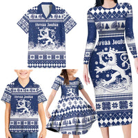 Finland Christmas Hannunvaakuna Family Matching Long Sleeve Bodycon Dress and Hawaiian Shirt Hyvaa Joulua Nordic Snow Lion Blue Version - Wonder Print Shop