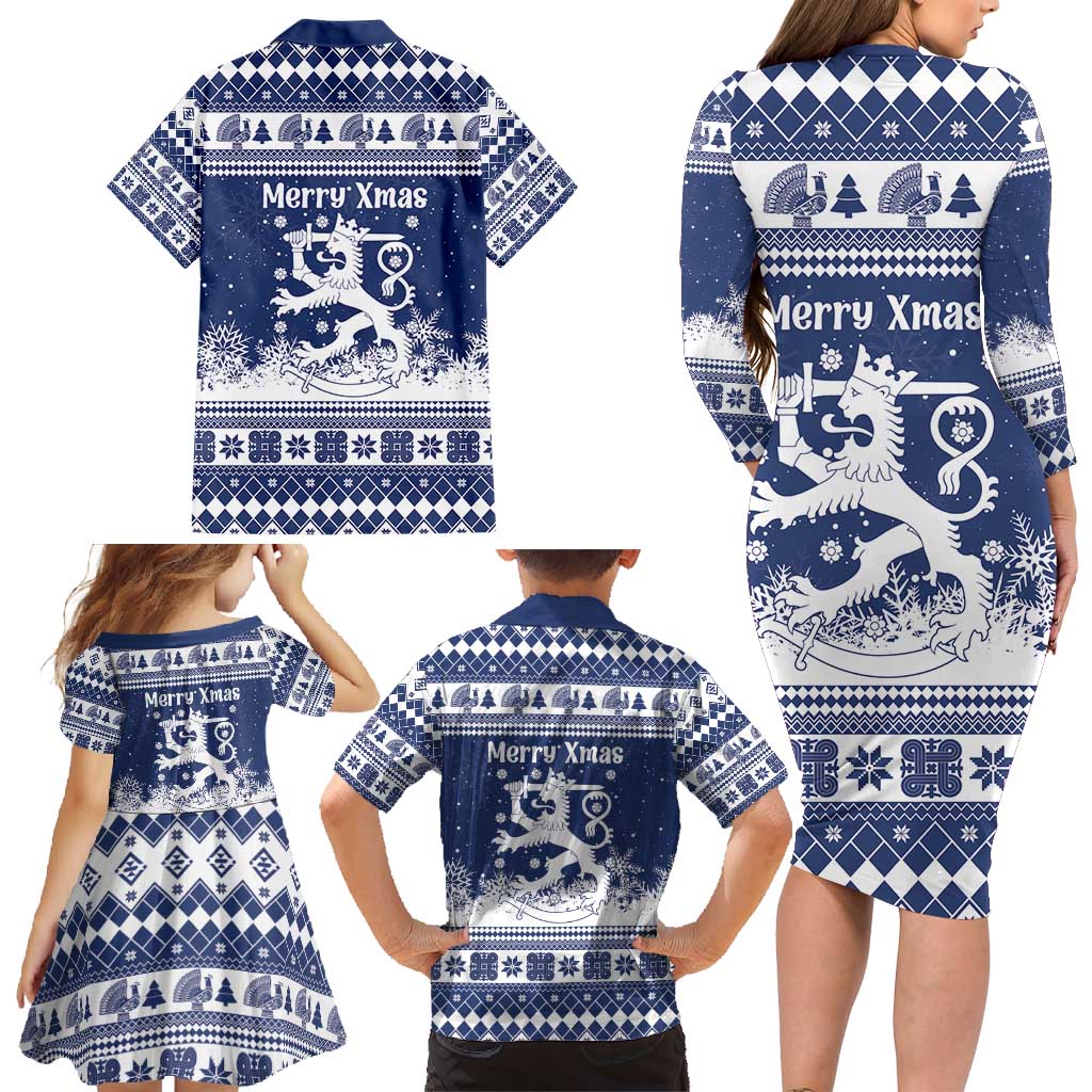 Finland Christmas Hannunvaakuna Family Matching Long Sleeve Bodycon Dress and Hawaiian Shirt Hyvaa Joulua Nordic Snow Lion Blue Version - Wonder Print Shop