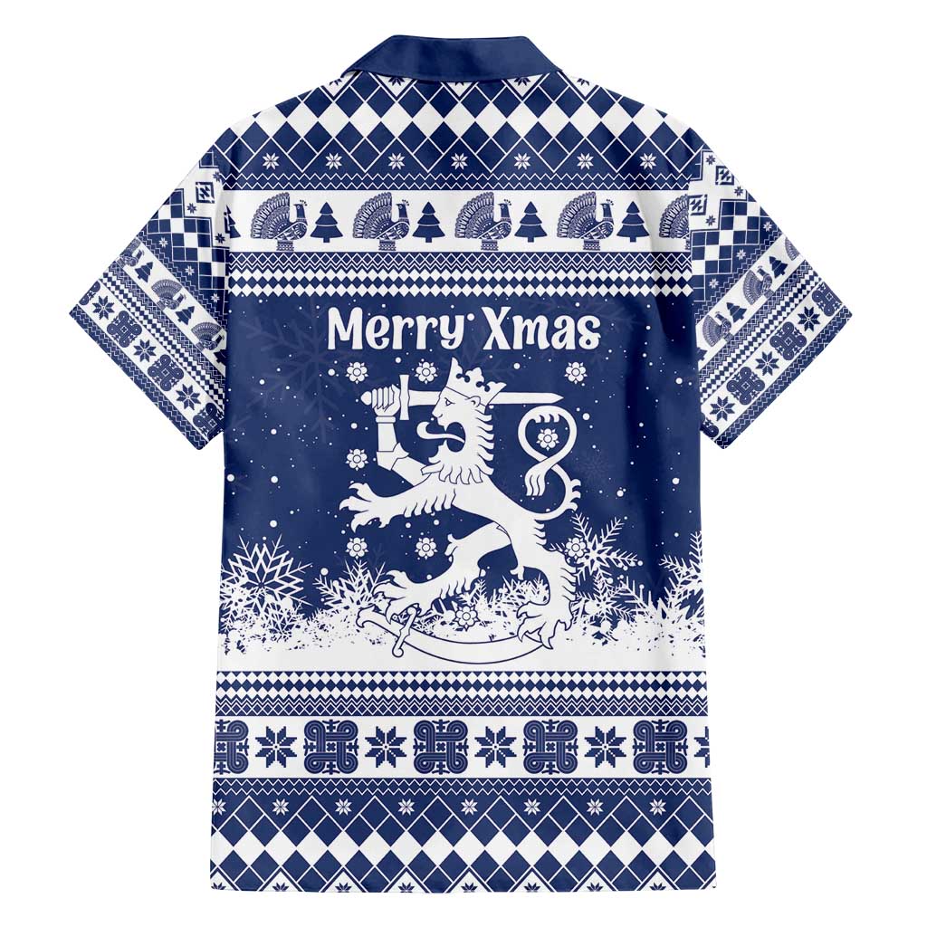 Finland Christmas Hannunvaakuna Family Matching Long Sleeve Bodycon Dress and Hawaiian Shirt Hyvaa Joulua Nordic Snow Lion Blue Version - Wonder Print Shop