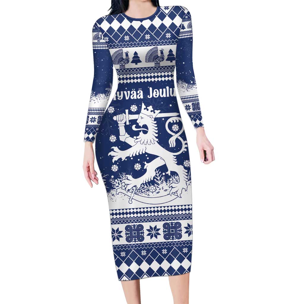 Finland Christmas Hannunvaakuna Family Matching Long Sleeve Bodycon Dress and Hawaiian Shirt Hyvaa Joulua Nordic Snow Lion Blue Version - Wonder Print Shop