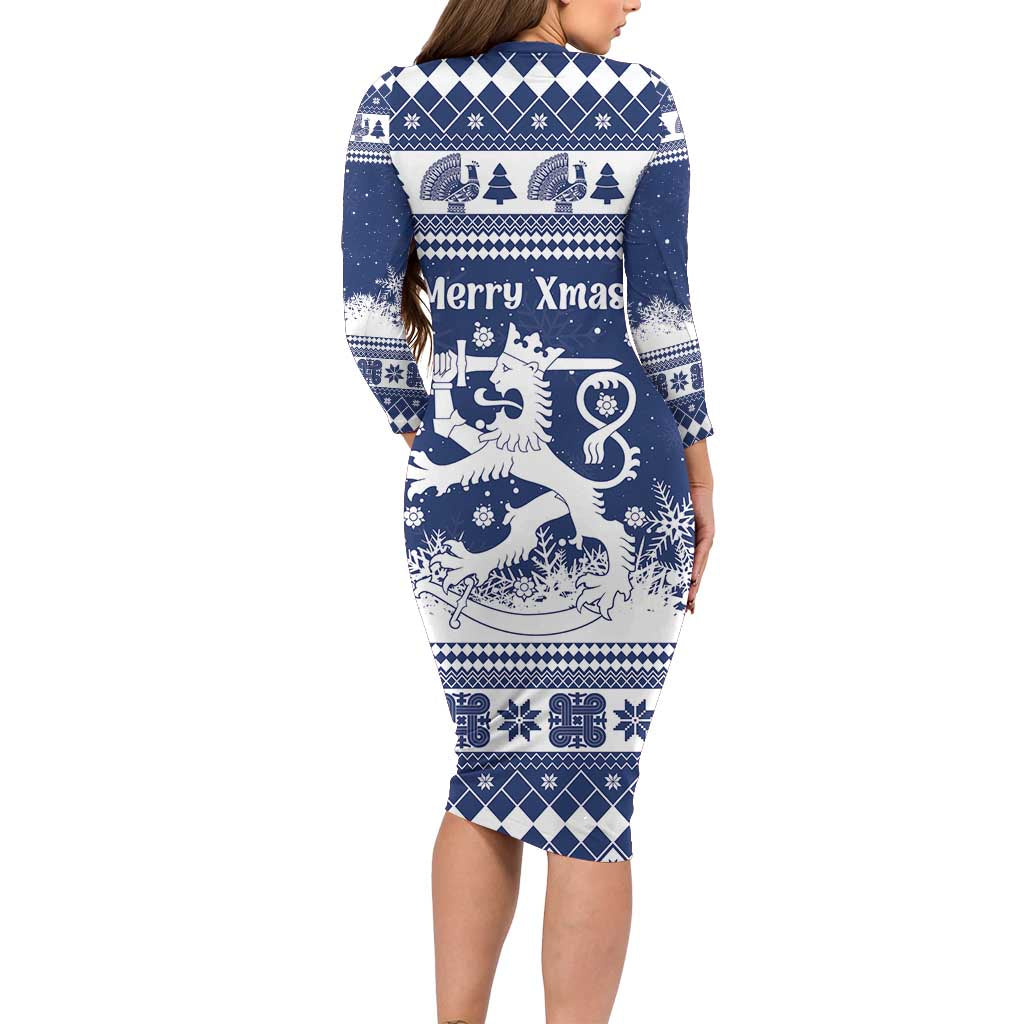 Finland Christmas Hannunvaakuna Family Matching Long Sleeve Bodycon Dress and Hawaiian Shirt Hyvaa Joulua Nordic Snow Lion Blue Version - Wonder Print Shop