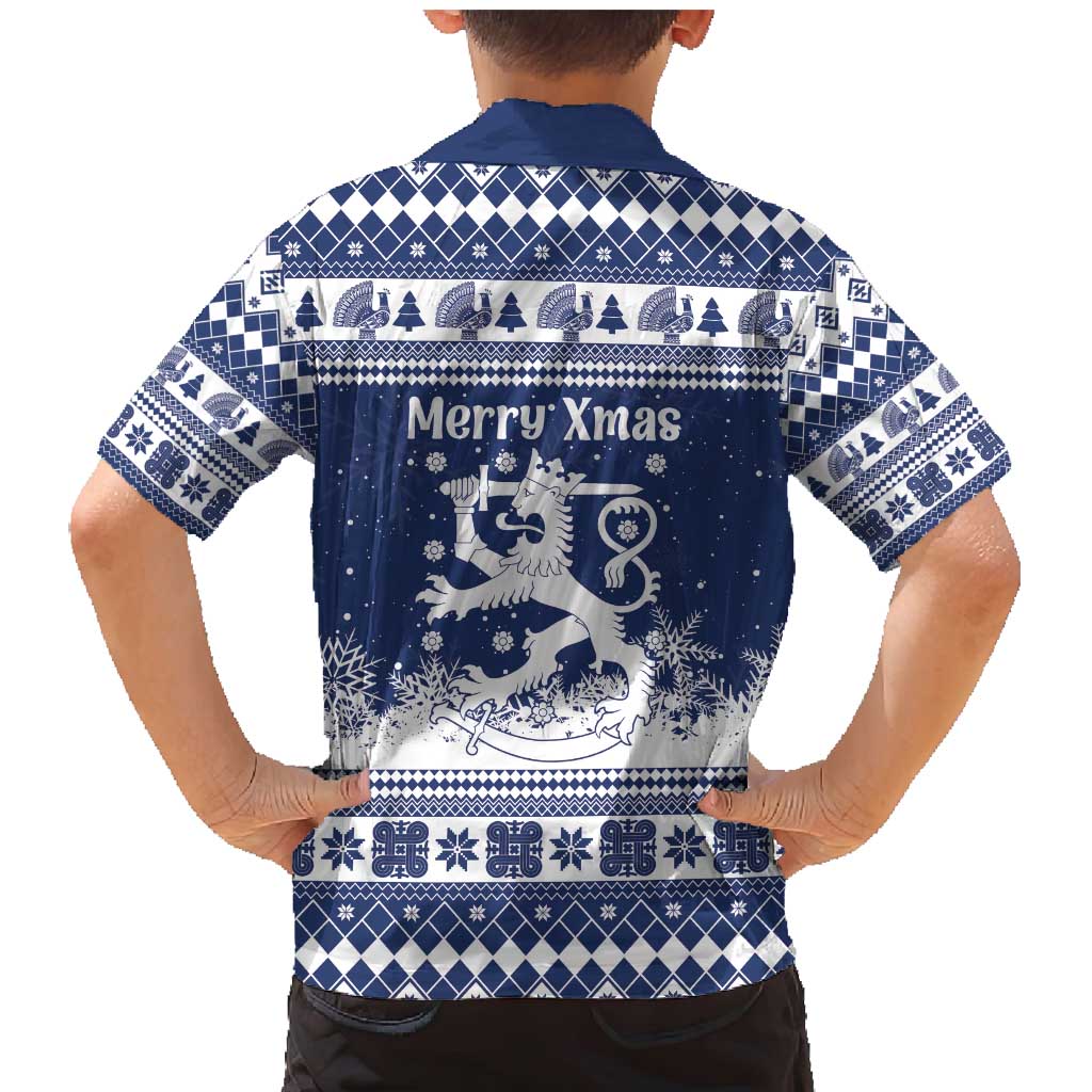 Finland Christmas Hannunvaakuna Family Matching Mermaid Dress and Hawaiian Shirt Hyvaa Joulua Nordic Snow Lion Blue Version - Wonder Print Shop