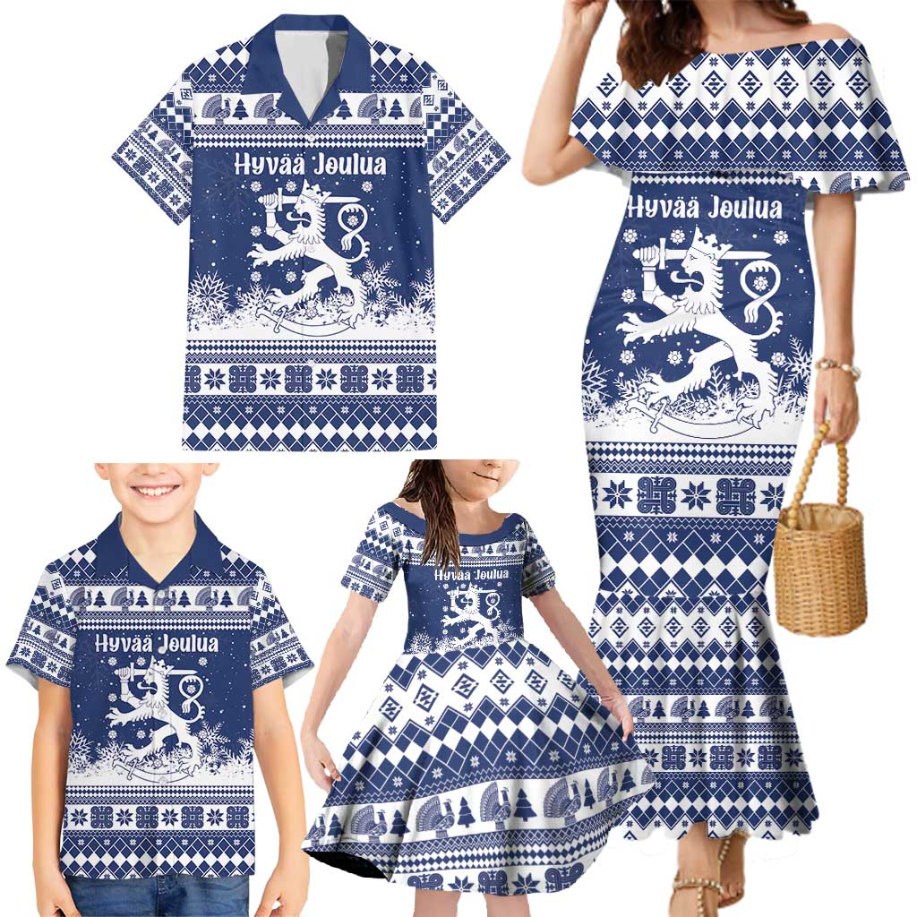 Finland Christmas Hannunvaakuna Family Matching Mermaid Dress and Hawaiian Shirt Hyvaa Joulua Nordic Snow Lion Blue Version - Wonder Print Shop