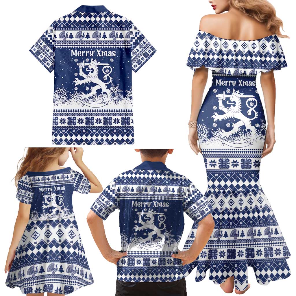 Finland Christmas Hannunvaakuna Family Matching Mermaid Dress and Hawaiian Shirt Hyvaa Joulua Nordic Snow Lion Blue Version - Wonder Print Shop