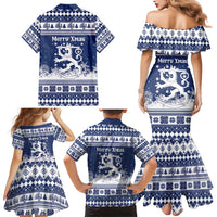Finland Christmas Hannunvaakuna Family Matching Mermaid Dress and Hawaiian Shirt Hyvaa Joulua Nordic Snow Lion Blue Version - Wonder Print Shop