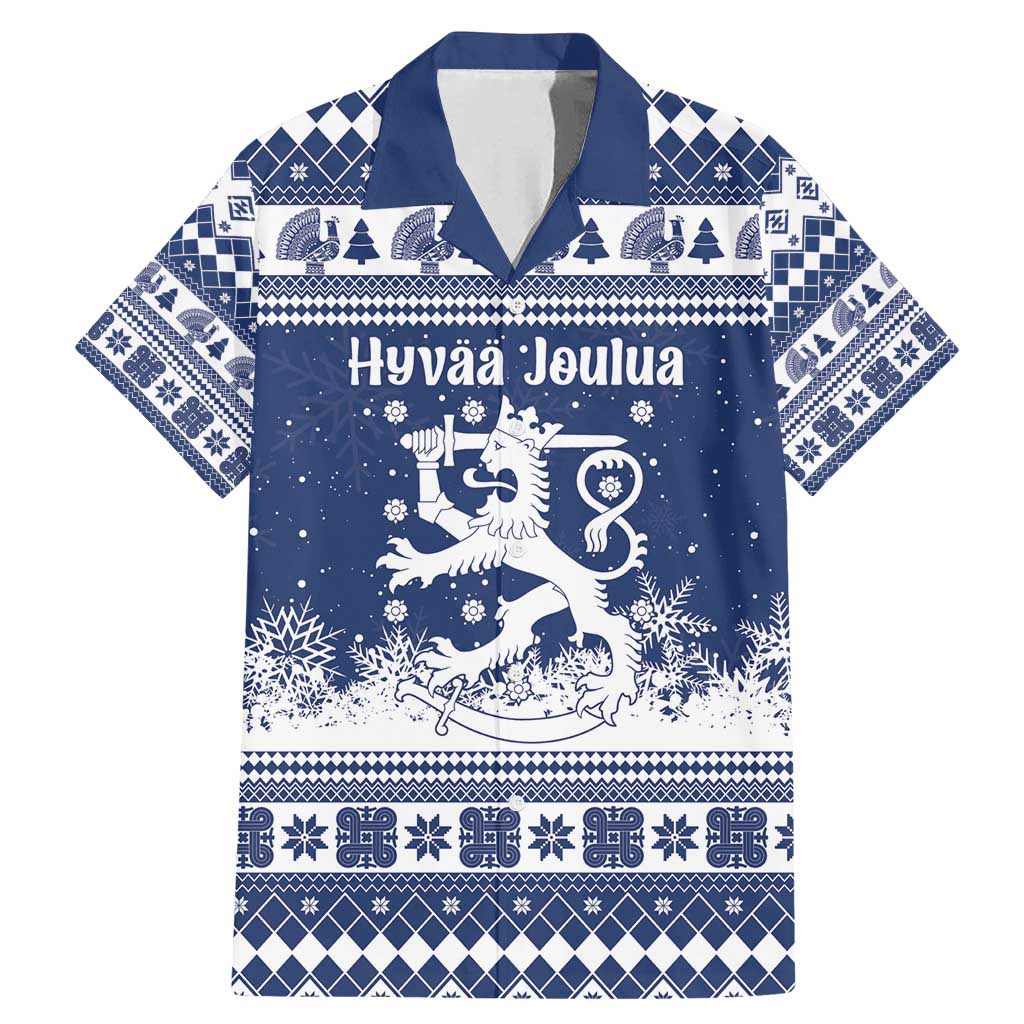 Finland Christmas Hannunvaakuna Family Matching Mermaid Dress and Hawaiian Shirt Hyvaa Joulua Nordic Snow Lion Blue Version - Wonder Print Shop