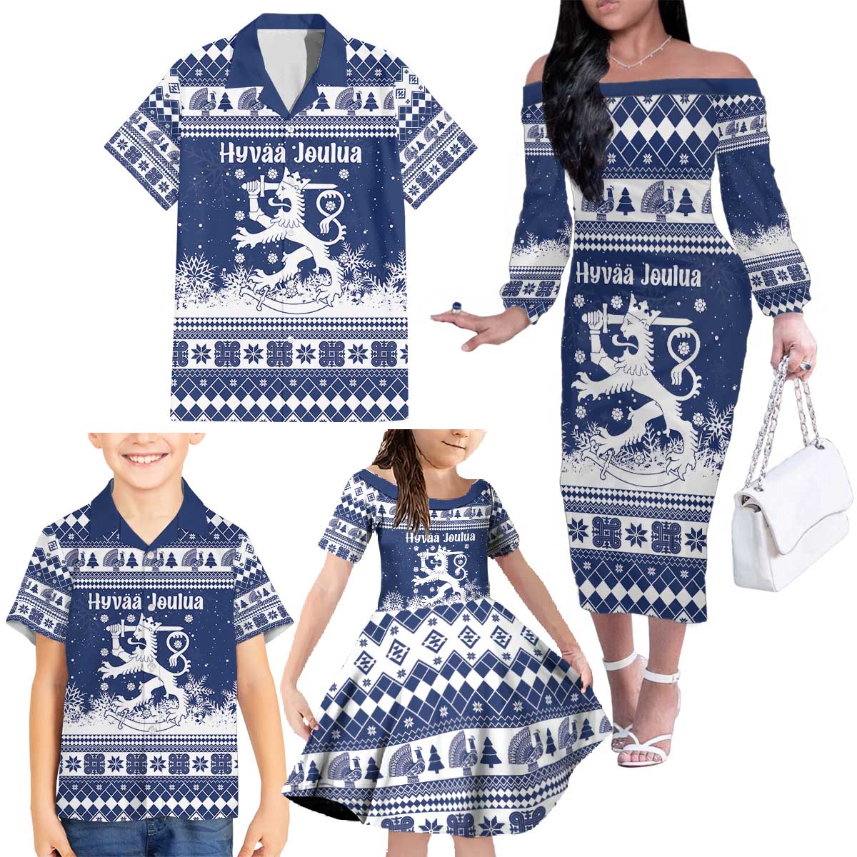 Finland Christmas Hannunvaakuna Family Matching Off The Shoulder Long Sleeve Dress and Hawaiian Shirt Hyvaa Joulua Nordic Snow Lion Blue Version - Wonder Print Shop