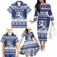 Finland Christmas Hannunvaakuna Family Matching Off The Shoulder Long Sleeve Dress and Hawaiian Shirt Hyvaa Joulua Nordic Snow Lion Blue Version - Wonder Print Shop
