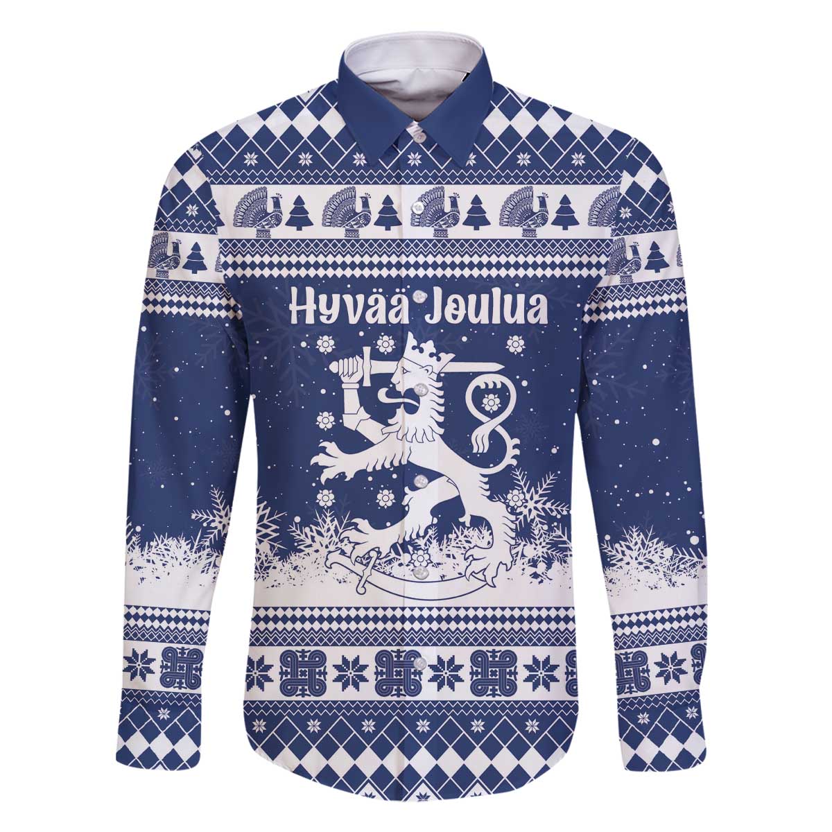 Finland Christmas Hannunvaakuna Family Matching Off The Shoulder Long Sleeve Dress and Hawaiian Shirt Hyvaa Joulua Nordic Snow Lion Blue Version - Wonder Print Shop