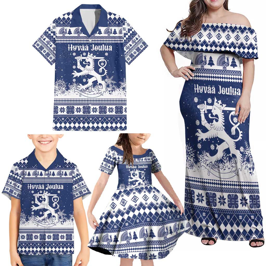 Finland Christmas Hannunvaakuna Family Matching Off Shoulder Maxi Dress and Hawaiian Shirt Hyvaa Joulua Nordic Snow Lion Blue Version - Wonder Print Shop