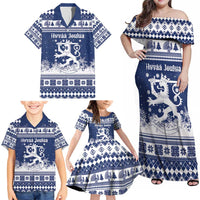 Finland Christmas Hannunvaakuna Family Matching Off Shoulder Maxi Dress and Hawaiian Shirt Hyvaa Joulua Nordic Snow Lion Blue Version - Wonder Print Shop