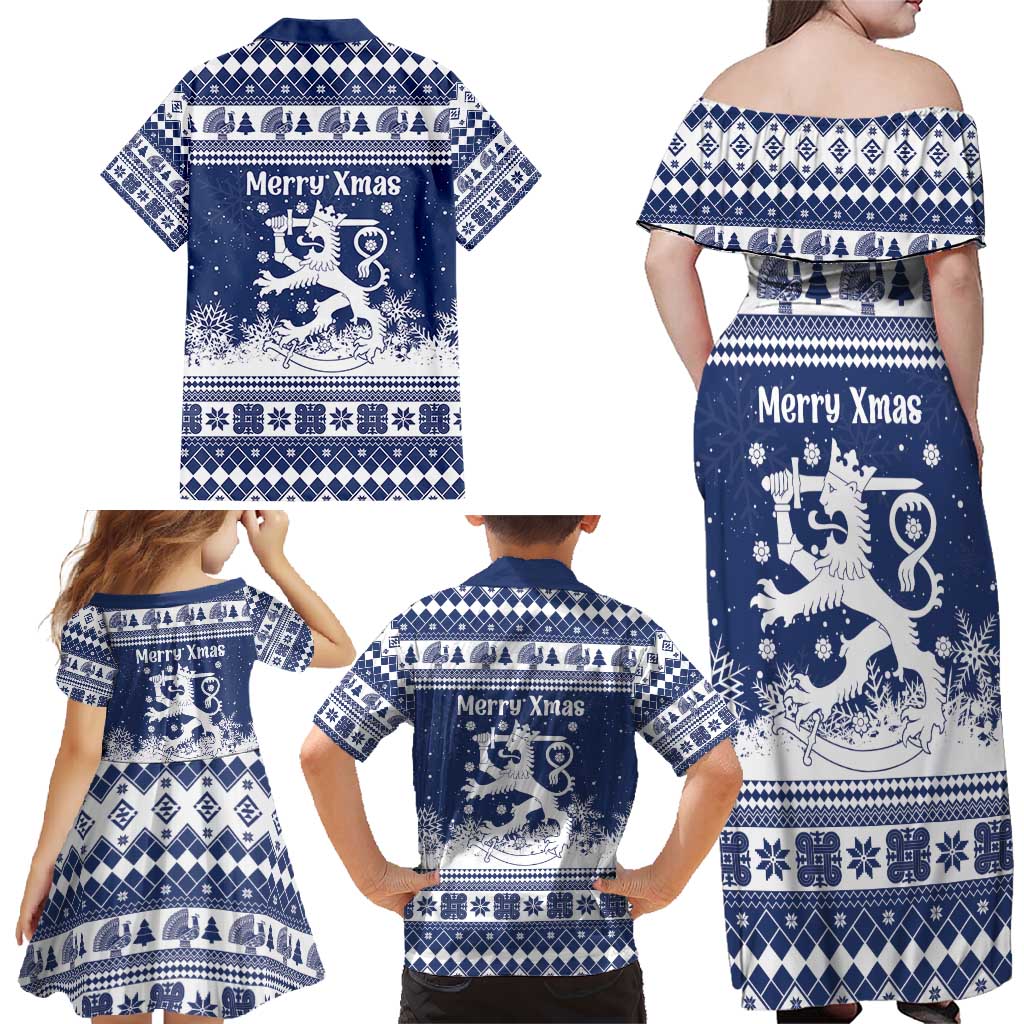 Finland Christmas Hannunvaakuna Family Matching Off Shoulder Maxi Dress and Hawaiian Shirt Hyvaa Joulua Nordic Snow Lion Blue Version - Wonder Print Shop