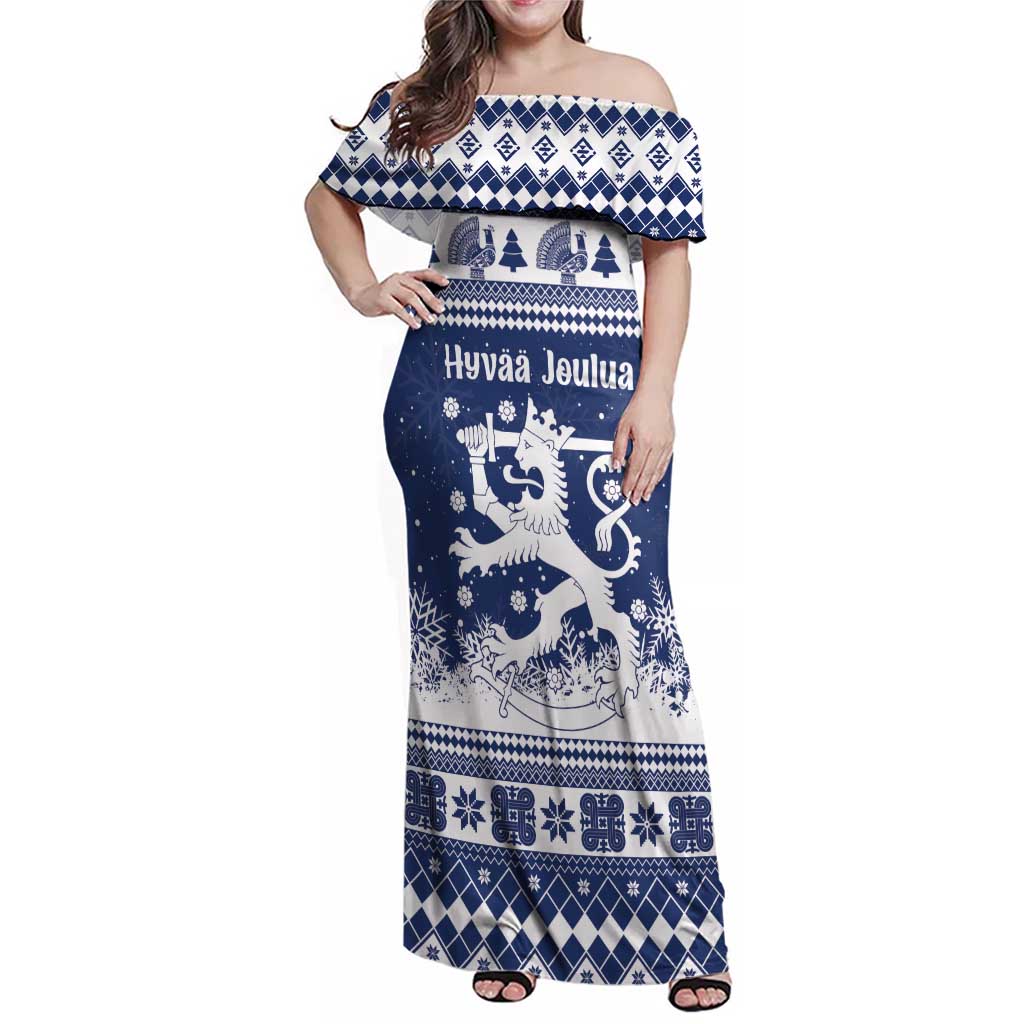 Finland Christmas Hannunvaakuna Family Matching Off Shoulder Maxi Dress and Hawaiian Shirt Hyvaa Joulua Nordic Snow Lion Blue Version - Wonder Print Shop