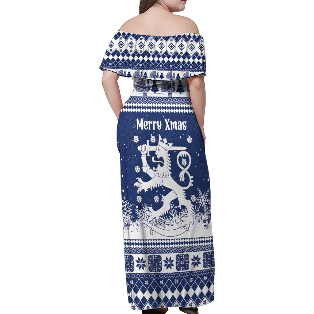 Finland Christmas Hannunvaakuna Family Matching Off Shoulder Maxi Dress and Hawaiian Shirt Hyvaa Joulua Nordic Snow Lion Blue Version - Wonder Print Shop
