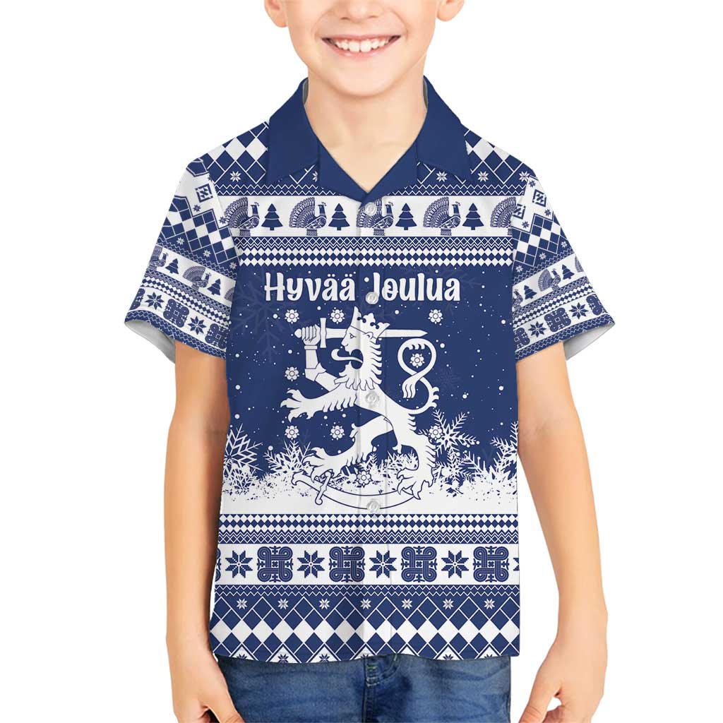 Finland Christmas Hannunvaakuna Family Matching Off Shoulder Maxi Dress and Hawaiian Shirt Hyvaa Joulua Nordic Snow Lion Blue Version - Wonder Print Shop