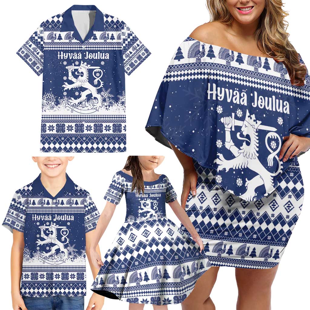 Finland Christmas Hannunvaakuna Family Matching Off Shoulder Short Dress and Hawaiian Shirt Hyvaa Joulua Nordic Snow Lion Blue Version - Wonder Print Shop