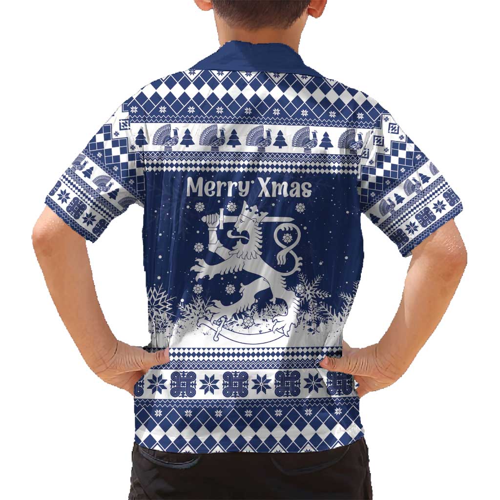 Finland Christmas Hannunvaakuna Family Matching Puletasi and Hawaiian Shirt Hyvaa Joulua Nordic Snow Lion Blue Version - Wonder Print Shop