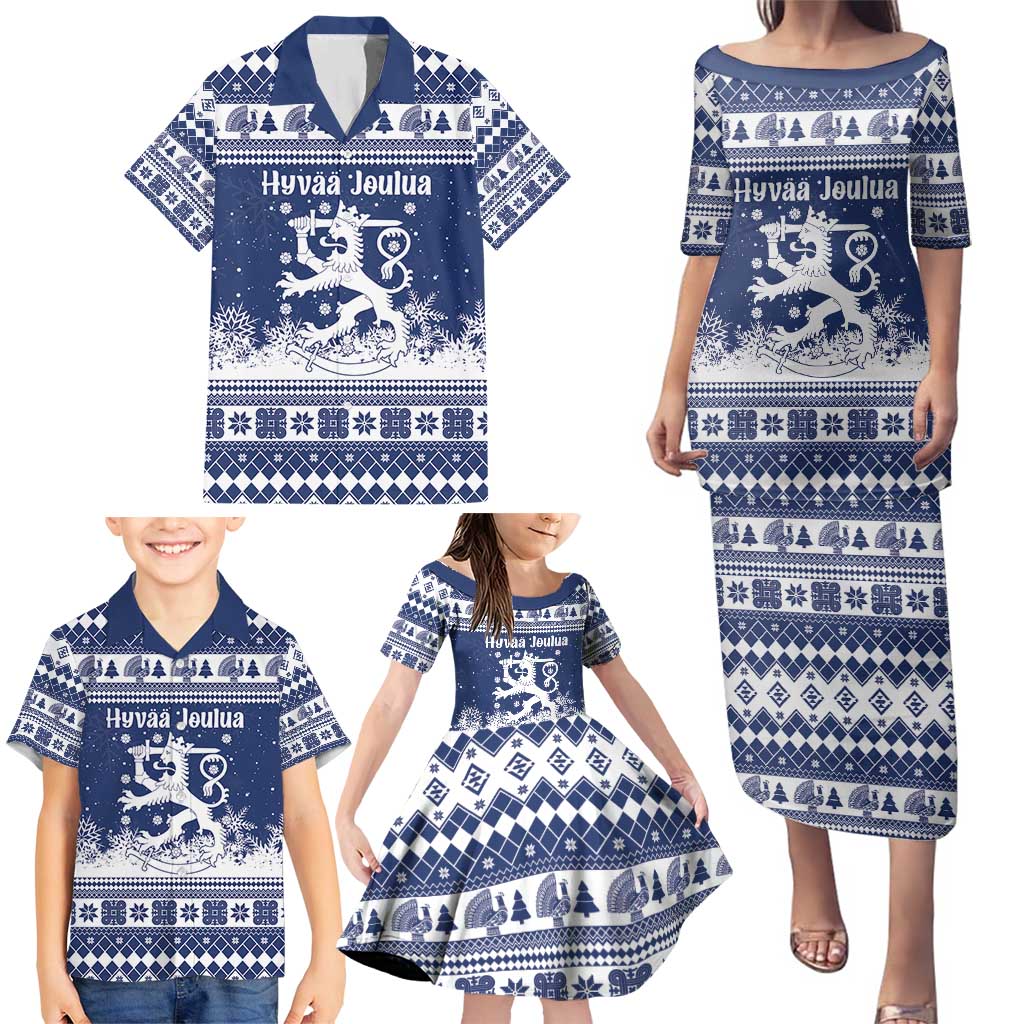 Finland Christmas Hannunvaakuna Family Matching Puletasi and Hawaiian Shirt Hyvaa Joulua Nordic Snow Lion Blue Version - Wonder Print Shop