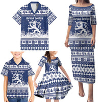 Finland Christmas Hannunvaakuna Family Matching Puletasi and Hawaiian Shirt Hyvaa Joulua Nordic Snow Lion Blue Version - Wonder Print Shop