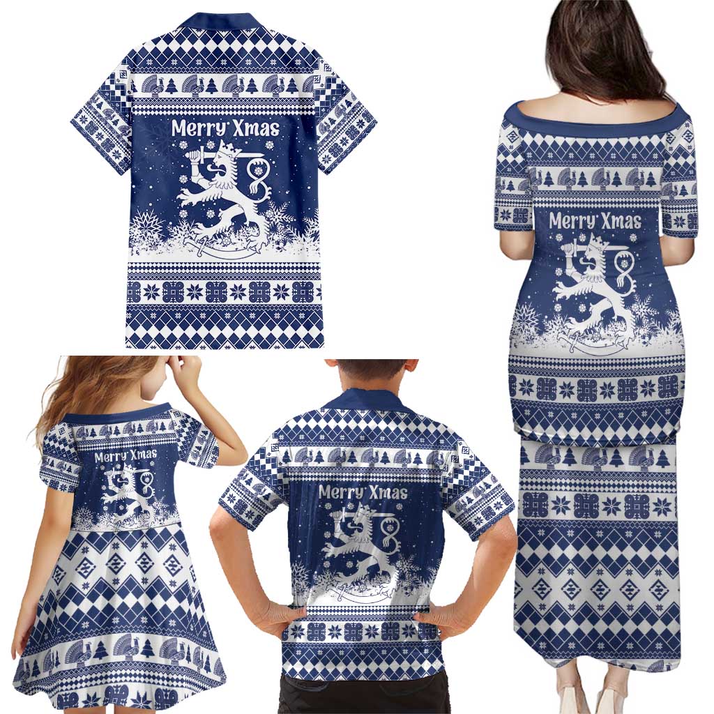 Finland Christmas Hannunvaakuna Family Matching Puletasi and Hawaiian Shirt Hyvaa Joulua Nordic Snow Lion Blue Version - Wonder Print Shop