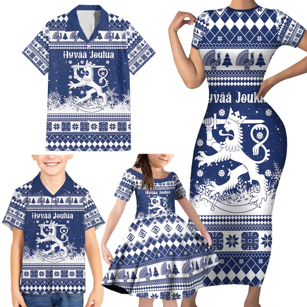 Finland Christmas Hannunvaakuna Family Matching Short Sleeve Bodycon Dress and Hawaiian Shirt Hyvaa Joulua Nordic Snow Lion Blue Version - Wonder Print Shop