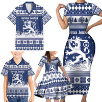 Finland Christmas Hannunvaakuna Family Matching Short Sleeve Bodycon Dress and Hawaiian Shirt Hyvaa Joulua Nordic Snow Lion Blue Version - Wonder Print Shop