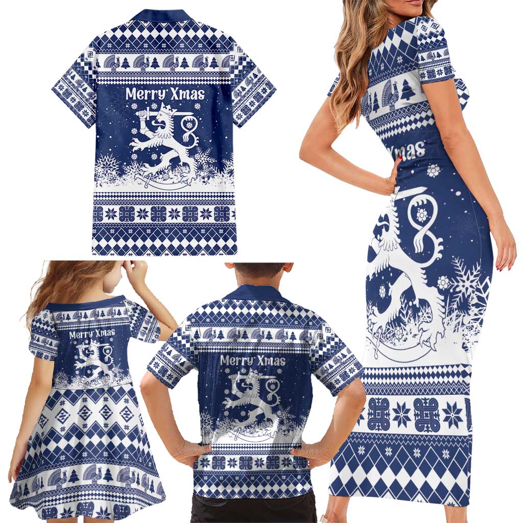 Finland Christmas Hannunvaakuna Family Matching Short Sleeve Bodycon Dress and Hawaiian Shirt Hyvaa Joulua Nordic Snow Lion Blue Version - Wonder Print Shop