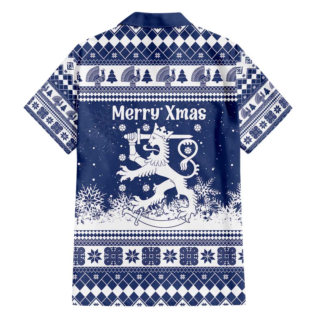 Finland Christmas Hannunvaakuna Family Matching Short Sleeve Bodycon Dress and Hawaiian Shirt Hyvaa Joulua Nordic Snow Lion Blue Version - Wonder Print Shop