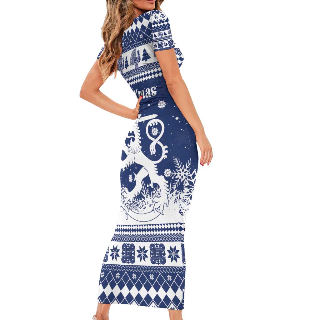 Finland Christmas Hannunvaakuna Family Matching Short Sleeve Bodycon Dress and Hawaiian Shirt Hyvaa Joulua Nordic Snow Lion Blue Version - Wonder Print Shop