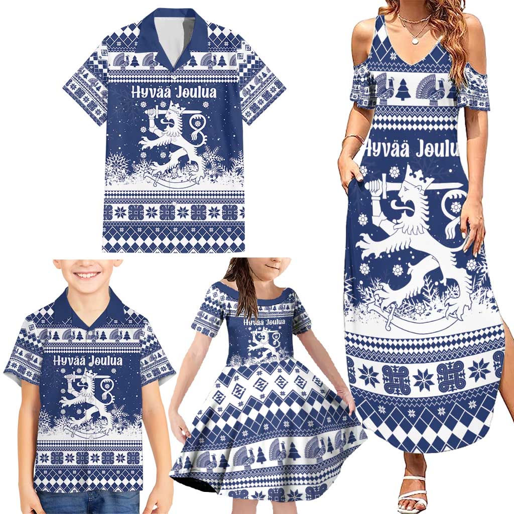 Finland Christmas Hannunvaakuna Family Matching Summer Maxi Dress and Hawaiian Shirt Hyvaa Joulua Nordic Snow Lion Blue Version - Wonder Print Shop