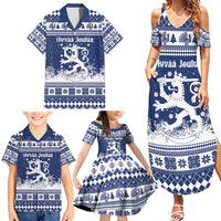 Finland Christmas Hannunvaakuna Family Matching Summer Maxi Dress and Hawaiian Shirt Hyvaa Joulua Nordic Snow Lion Blue Version - Wonder Print Shop