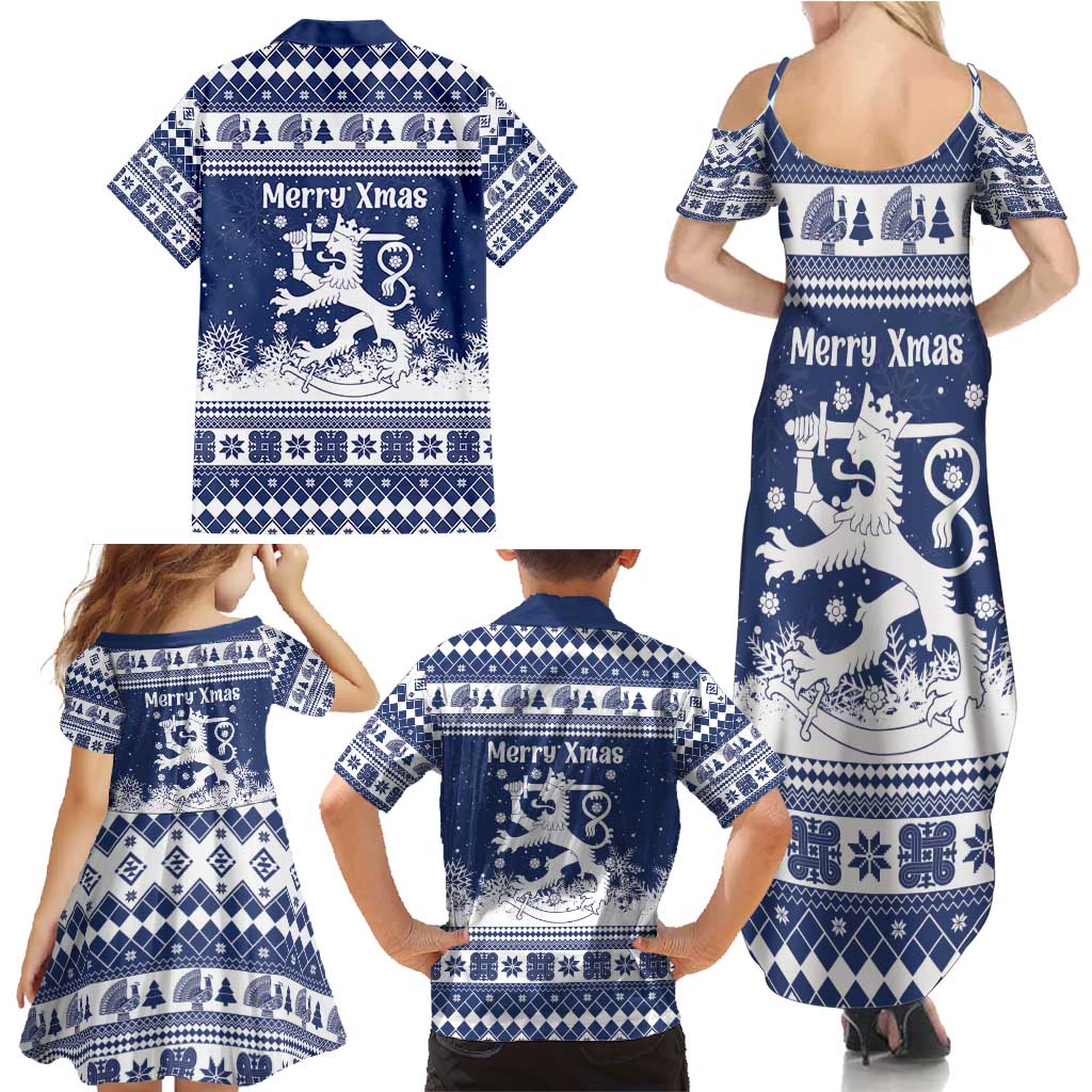 Finland Christmas Hannunvaakuna Family Matching Summer Maxi Dress and Hawaiian Shirt Hyvaa Joulua Nordic Snow Lion Blue Version - Wonder Print Shop