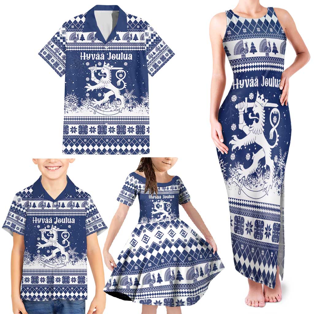 Finland Christmas Hannunvaakuna Family Matching Tank Maxi Dress and Hawaiian Shirt Hyvaa Joulua Nordic Snow Lion Blue Version - Wonder Print Shop