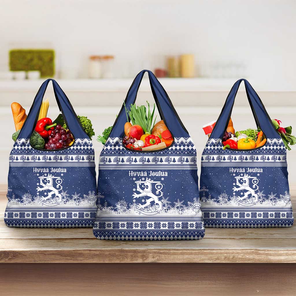 Finland Christmas Hannunvaakuna Grocery Bag Hyvaa Joulua Nordic Snow Lion Blue Version - Wonder Print Shop