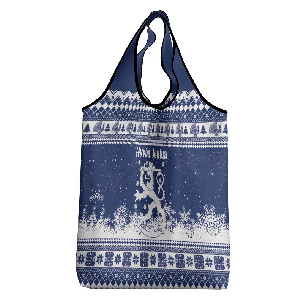 Finland Christmas Hannunvaakuna Grocery Bag Hyvaa Joulua Nordic Snow Lion Blue Version - Wonder Print Shop
