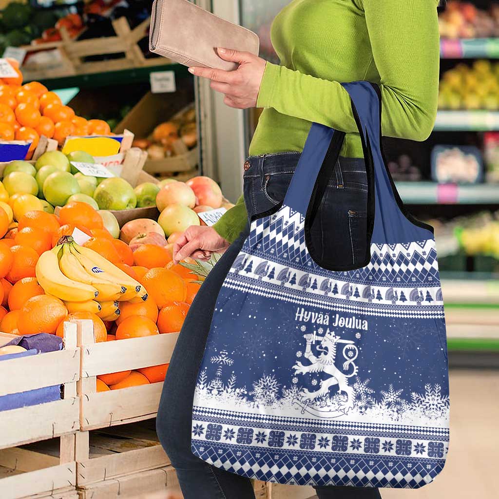 Finland Christmas Hannunvaakuna Grocery Bag Hyvaa Joulua Nordic Snow Lion Blue Version - Wonder Print Shop