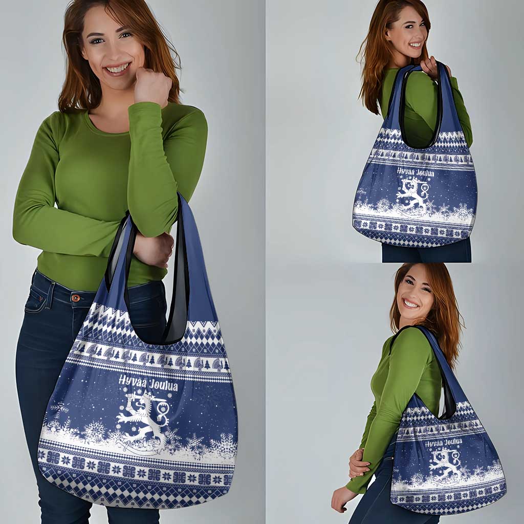 Finland Christmas Hannunvaakuna Grocery Bag Hyvaa Joulua Nordic Snow Lion Blue Version - Wonder Print Shop