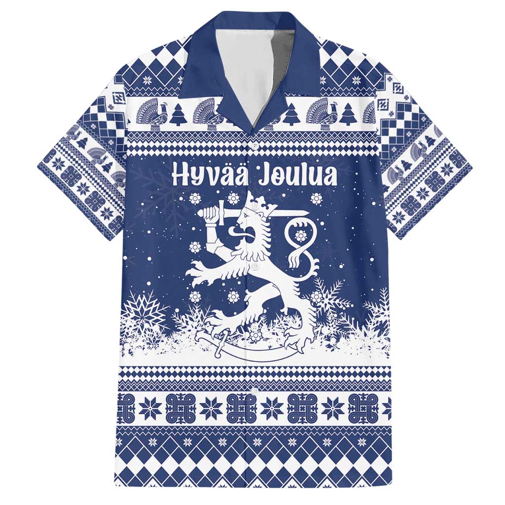 Finland Christmas Hannunvaakuna Hawaiian Shirt Hyvaa Joulua Nordic Snow Lion Blue Version - Wonder Print Shop