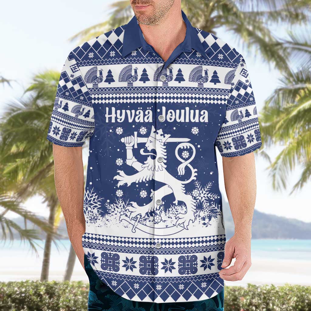 Finland Christmas Hannunvaakuna Hawaiian Shirt Hyvaa Joulua Nordic Snow Lion Blue Version - Wonder Print Shop