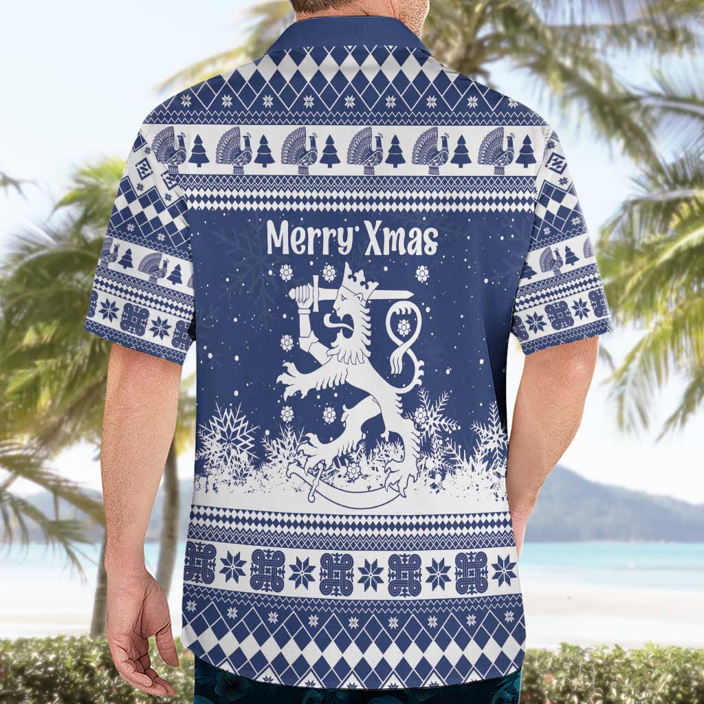Finland Christmas Hannunvaakuna Hawaiian Shirt Hyvaa Joulua Nordic Snow Lion Blue Version - Wonder Print Shop