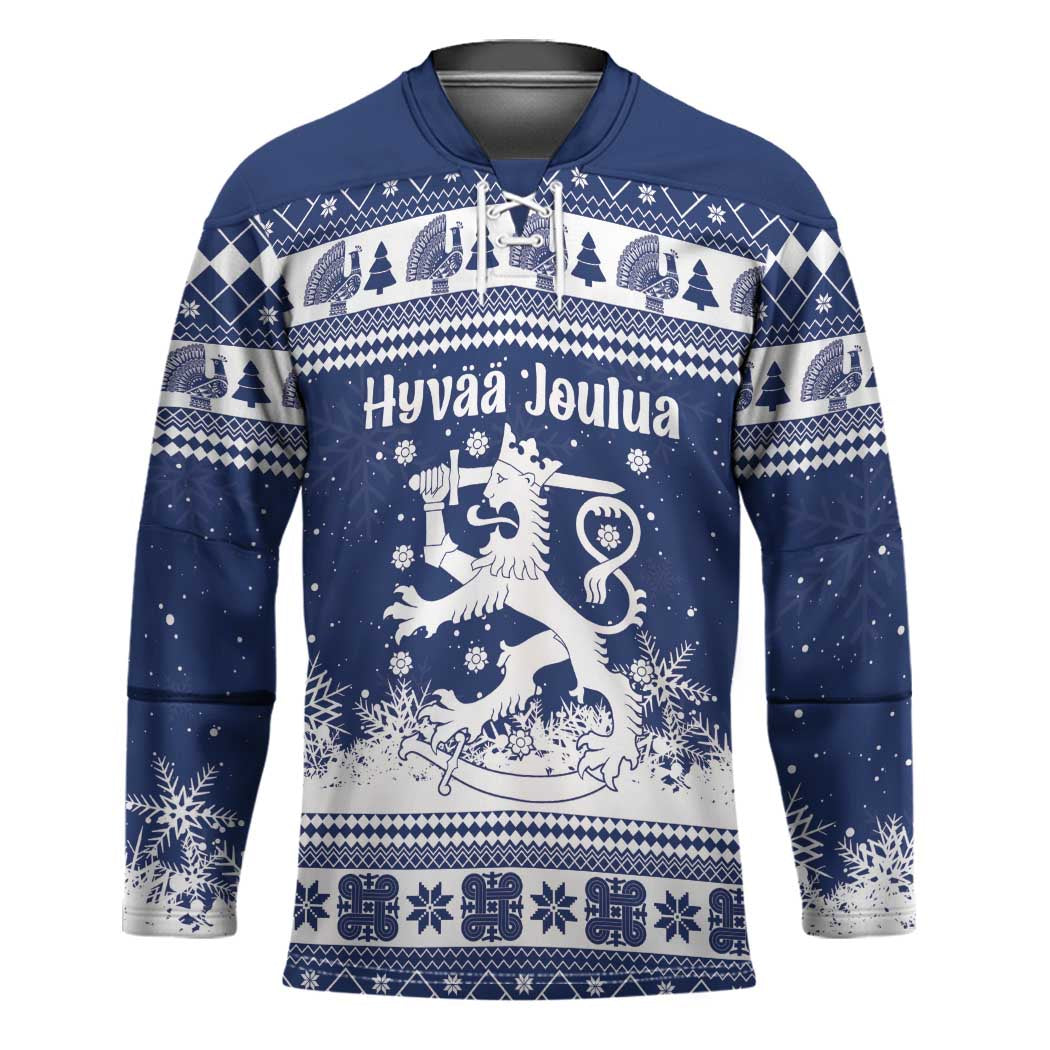 Finland Christmas Hannunvaakuna Hockey Jersey Hyvaa Joulua Nordic Snow Lion Blue Version - Wonder Print Shop